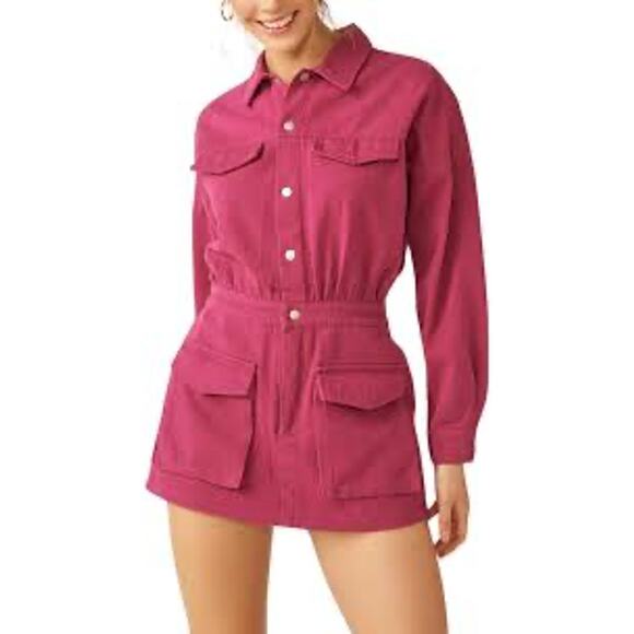 Mara Utility Denim Jumper Long Sleeve Short Romper Magenta Raspberry Fuchsia Med - Picture 1 of 10